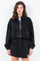 American Bazi Women's Drawstring Waist Crop Denim Jacket - Trendy and Comfortable